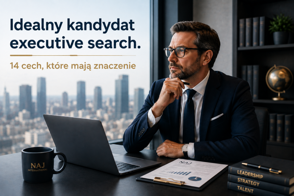 Menedżer w nowoczesnym biurze przy laptopie, grafika do artykułu „Idealny kandydat executive search. 14 cech, które mają znaczenie”.