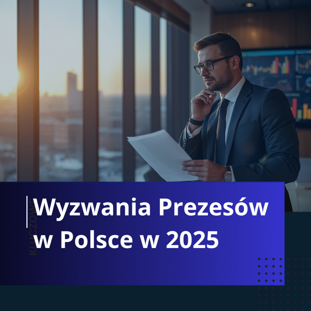 Menedżer analizujący dokumenty w biurze z nagłówkiem „Challenges of CEOs in Poland in 2025” Liczba znaków: 96