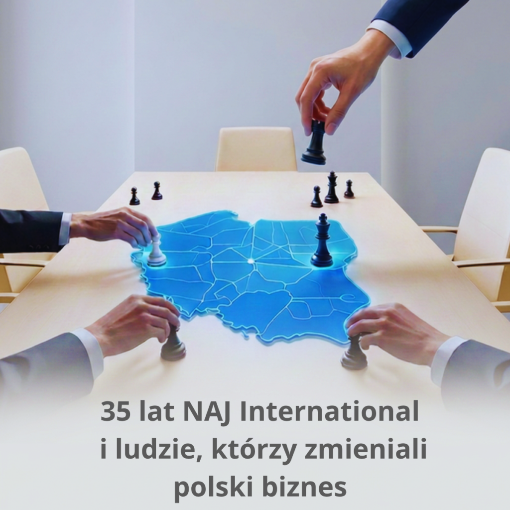 Grafika 35 lat NAJ International z mapą Polski, szachami i rękami liderów symbolizującymi decyzje biznesowe