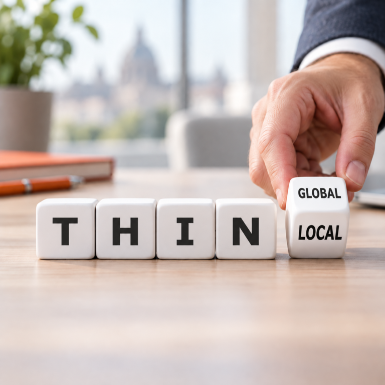 Białe klocki z napisem THINK GLOBAL LOCAL jako symbol globalnego myślenia w biznesie i dostosowania do lokalnych rynków. (119 znaków)