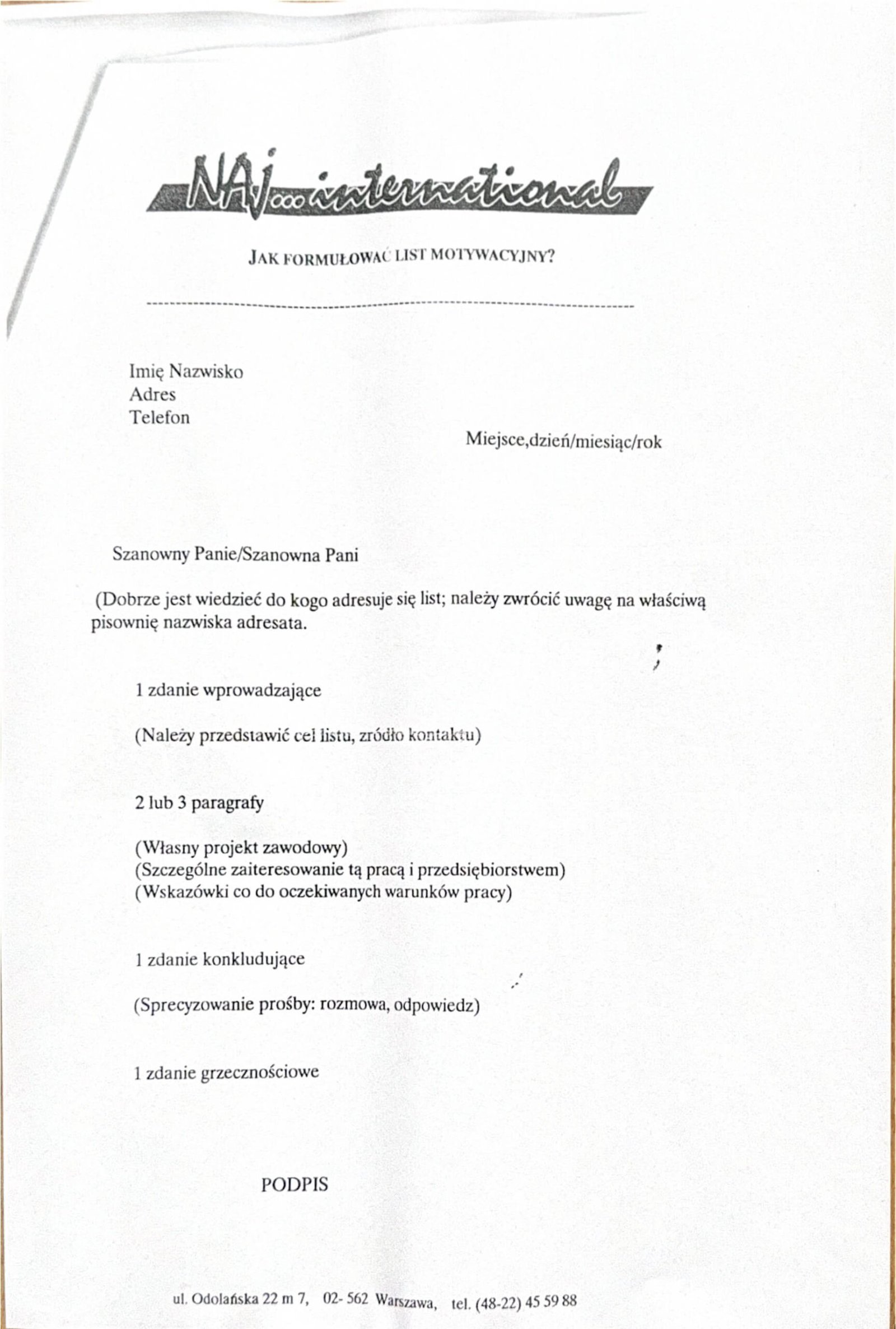 Archiwalny wzór NAJ International pokazujący układ listu motywacyjnego: dane kandydata, rozwinięcie, zakończenie i podpis.