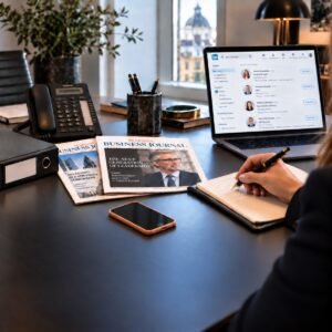 Executive search consultant’s desk with a landline phone, business publications, candidate profiles on a laptop and a smartphone.