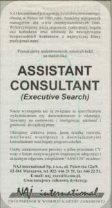NAJ International job advertisement - Assistant Consultant, 1998 Archival NAJ International job advertisement from 1998 for an Assistant Consultant role in Executive Search