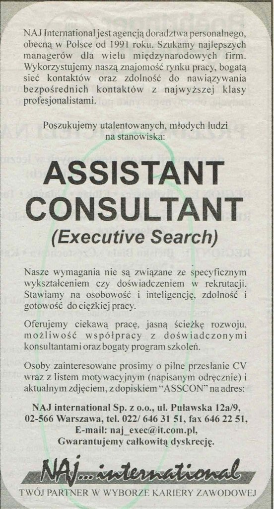 Archiwalne ogłoszenie NAJ International z 1998 roku na stanowisko Assistant Consultant w Executive Search.