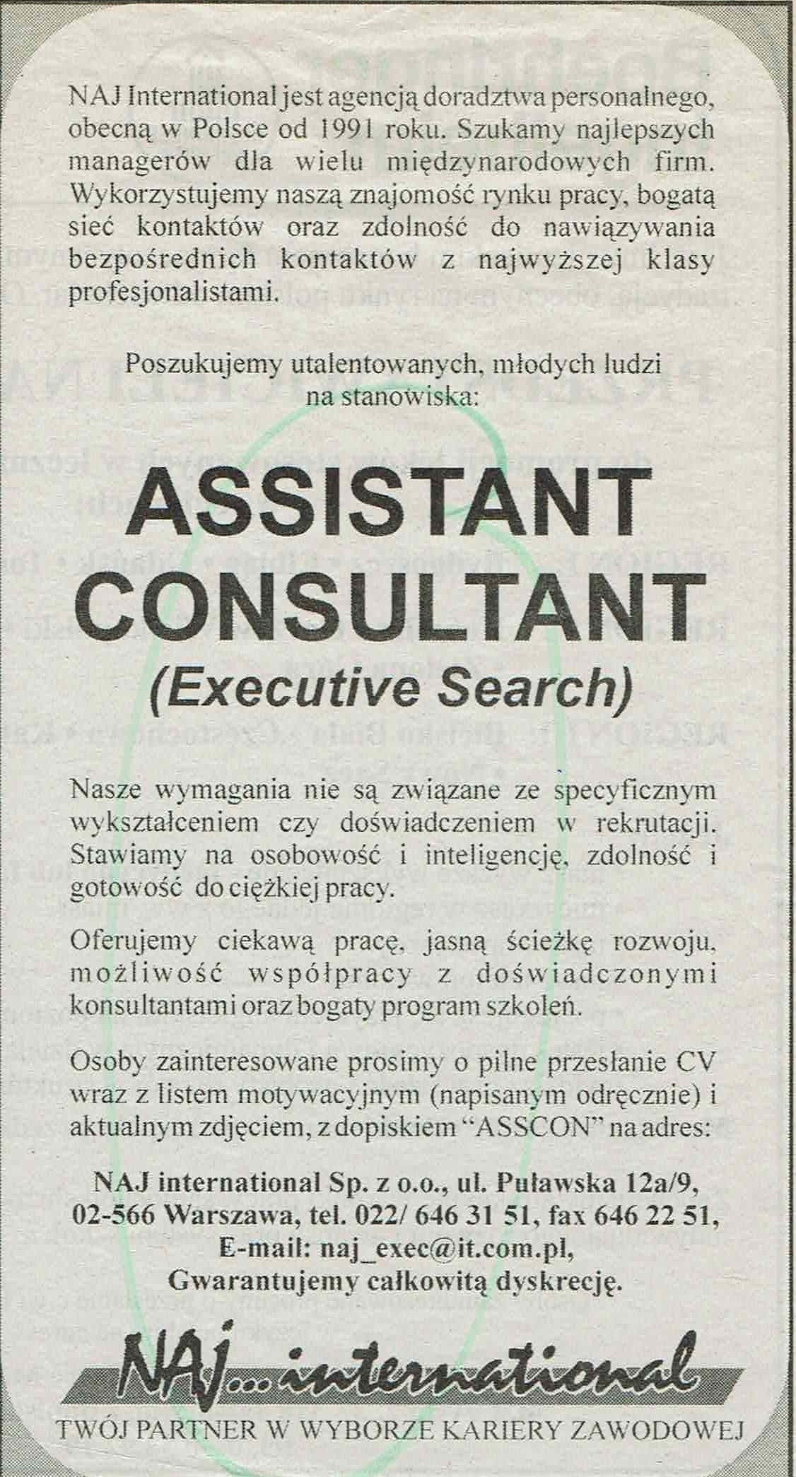 Archiwalne ogłoszenie NAJ International z 1998 roku na stanowisko Assistant Consultant w Executive Search.