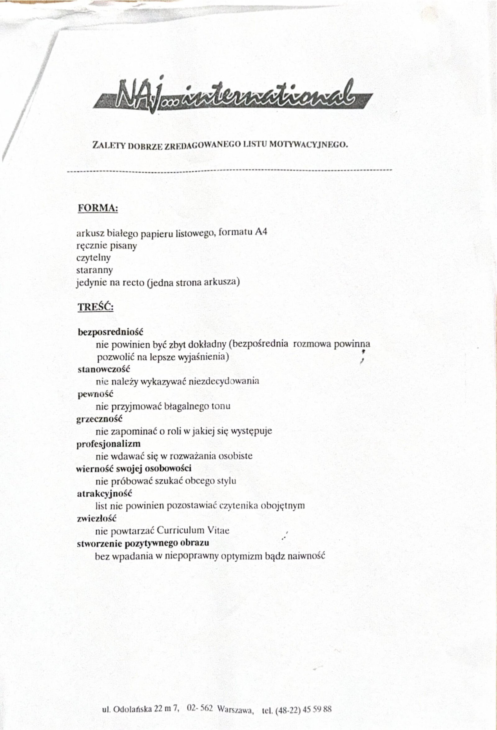 Archiwalny materiał NAJ International z zasadami dobrego listu motywacyjnego, obejmującymi formę, styl, zwięzłość i profesjonalizm.
